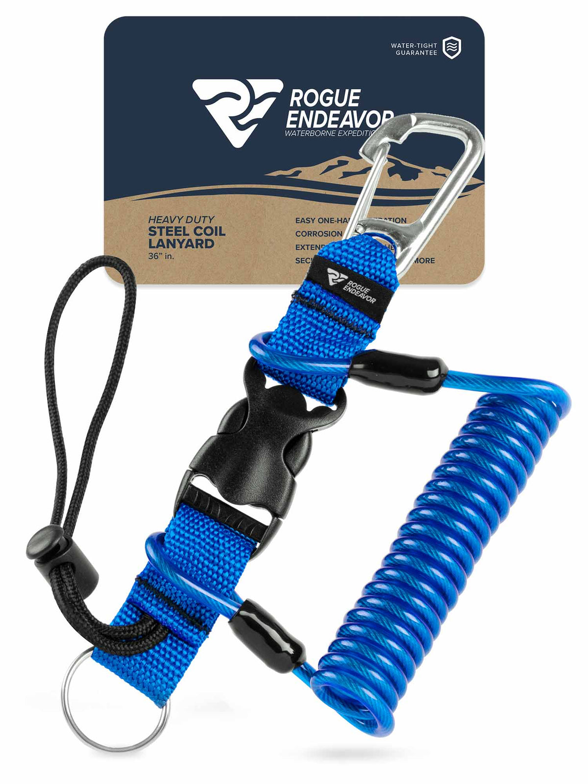 Rogue Endeavor Heavy Duty Dive Snappy Coil, Stainless Clip, Split Ring & Slide Lock Lanyard, Quick Release Buckle, 36 Steel Core Lanyard, Ideal for